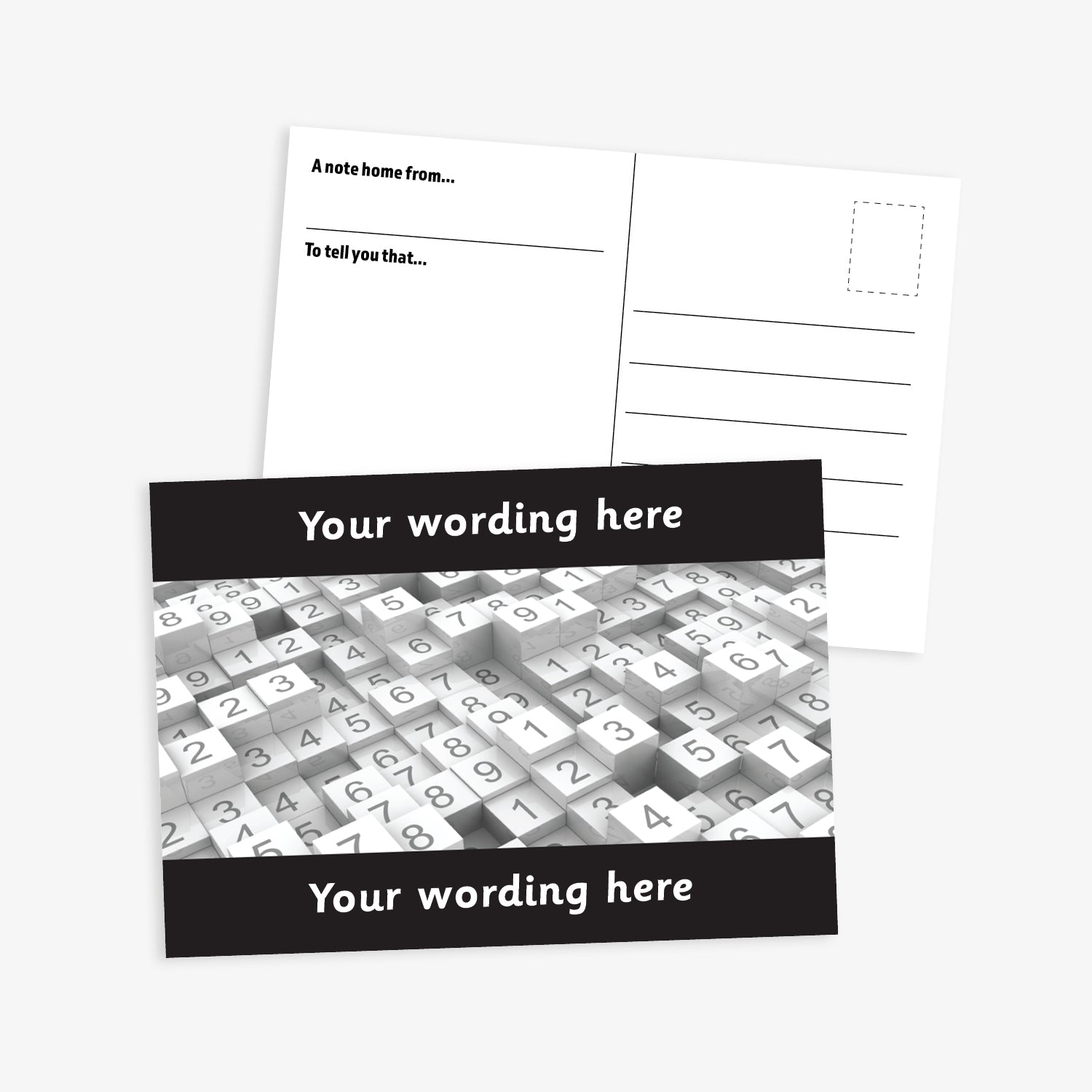 Personalised Numbers Postcard featuring a black border at the top and bottom with space for customisation of text.  The central image is stacks of tiles of numbers.  The reverse has a postcard layout with space for a message and address. The postcard measures A6 size and is designed for rewarding numeracy achievement.