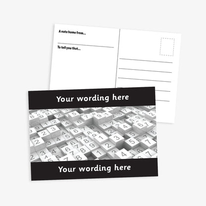 Personalised Numbers Postcard featuring a black border at the top and bottom with space for customisation of text.  The central image is stacks of tiles of numbers.  The reverse has a postcard layout with space for a message and address. The postcard measures A6 size and is designed for rewarding numeracy achievement.