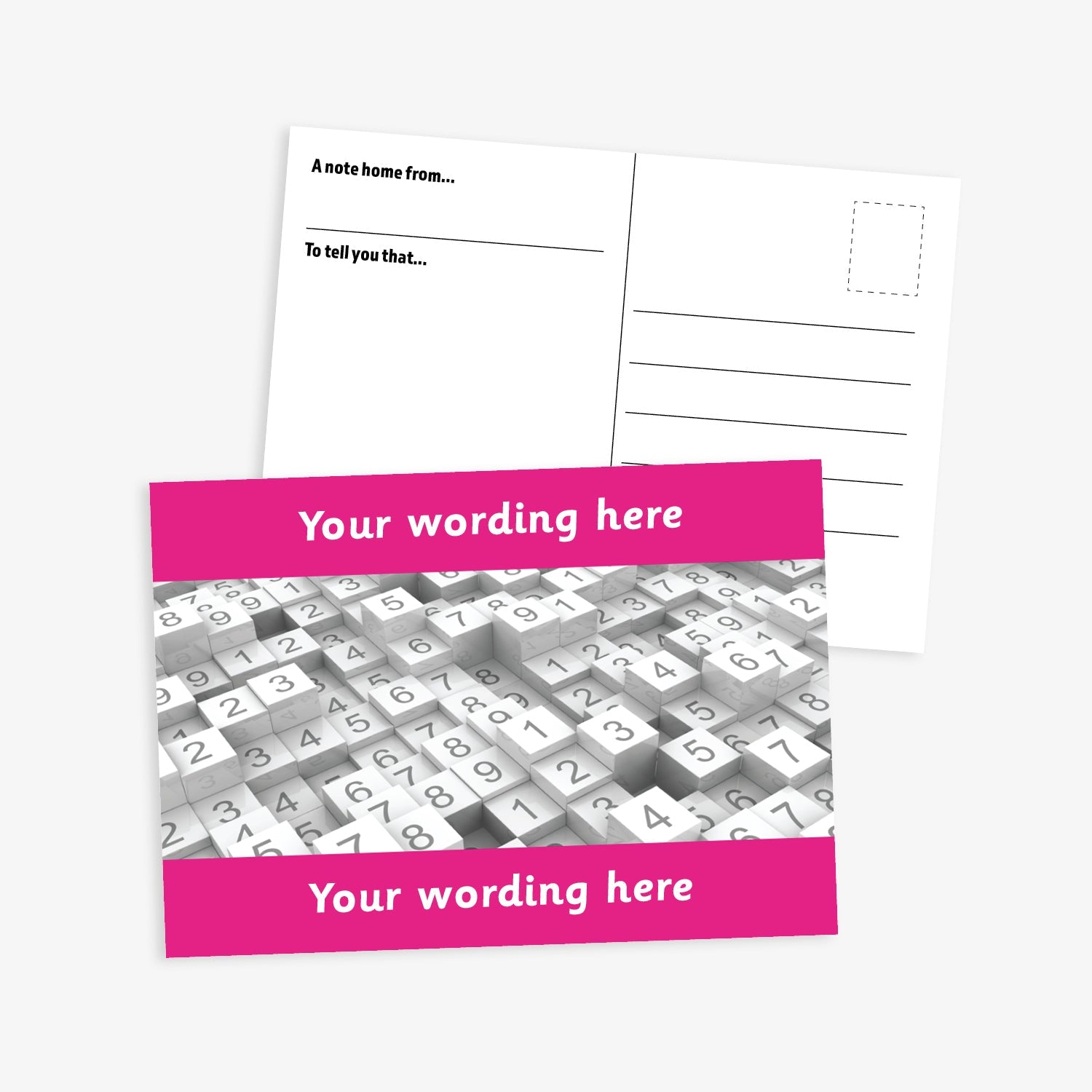 Personalised Numbers Postcard featuring a vibrant pink border at the top and bottom with space for customisation of text.  The central image is stacks of tiles of numbers.  The reverse has a postcard layout with space for a message and address. The postcard measures A6 size and is designed for rewarding numeracy achievement.