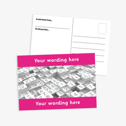 Personalised Numbers Postcard featuring a vibrant pink border at the top and bottom with space for customisation of text.  The central image is stacks of tiles of numbers.  The reverse has a postcard layout with space for a message and address. The postcard measures A6 size and is designed for rewarding numeracy achievement.