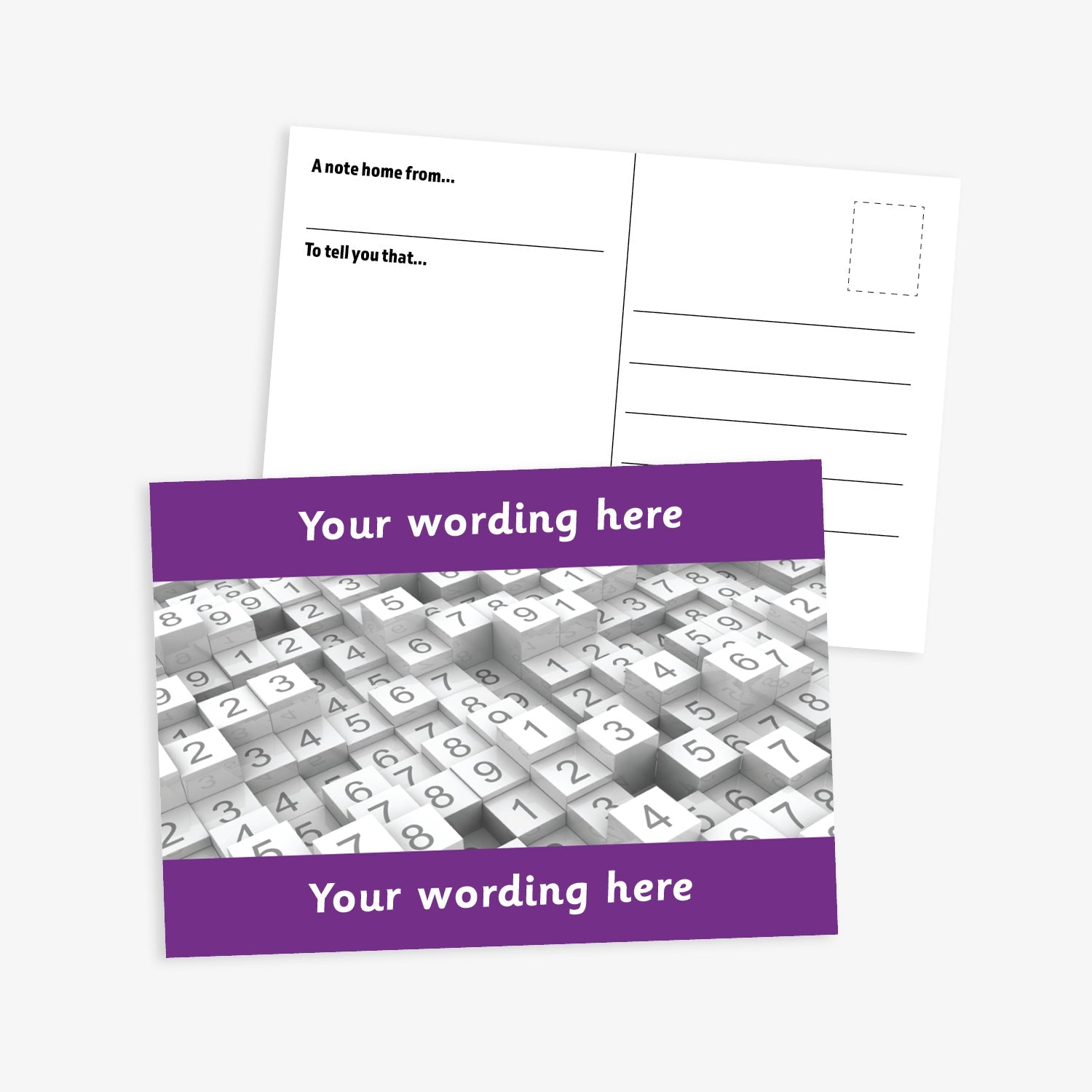 Personalised Numbers Postcard featuring a vibrant purple border at the top and bottom with space for customisation of text.  The central image is stacks of tiles of numbers.  The reverse has a postcard layout with space for a message and address. The postcard measures A6 size and is designed for rewarding numeracy achievement.