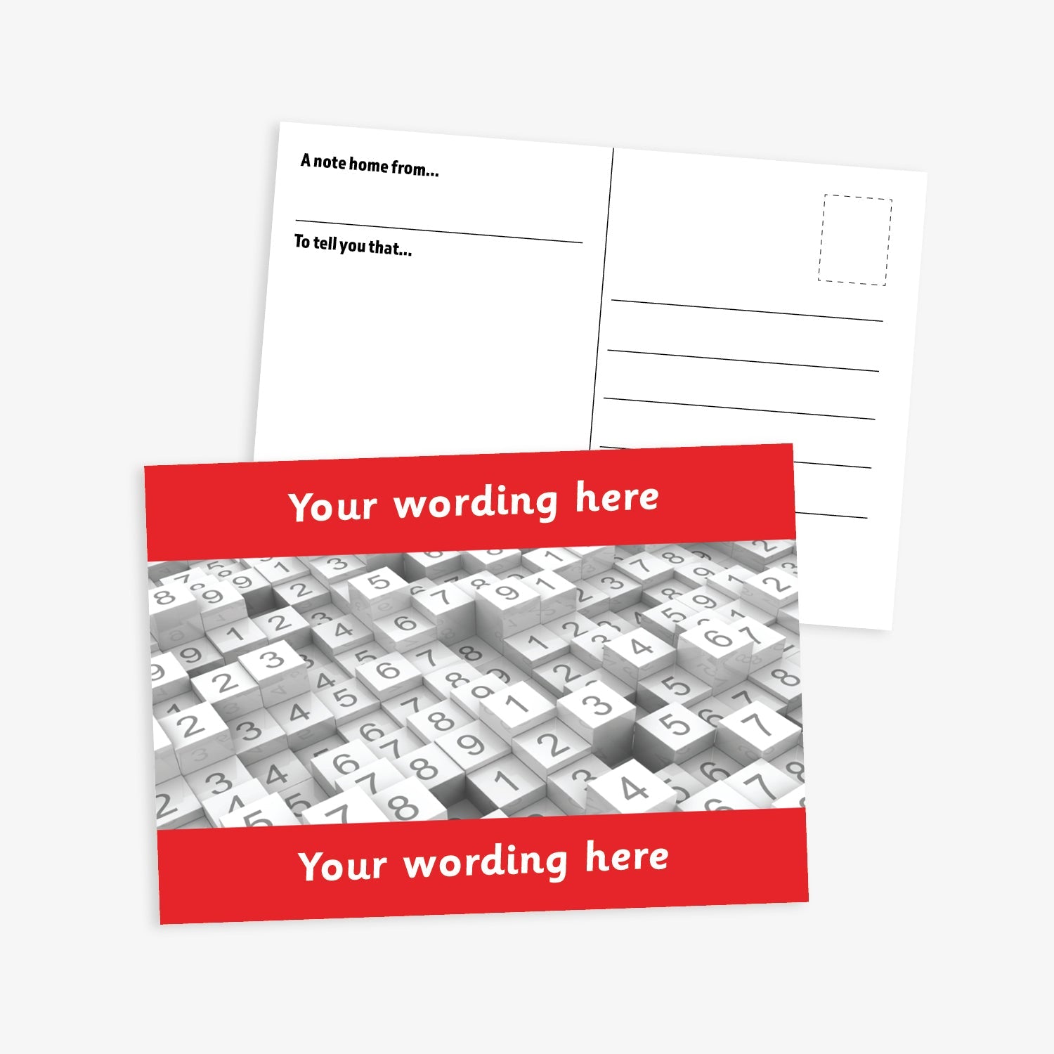 Personalised Numbers Postcard featuring a vibrant red border at the top and bottom with space for customisation of text.  The central image is stacks of tiles of numbers.  The reverse has a postcard layout with space for a message and address. The postcard measures A6 size and is designed for rewarding numeracy achievement.