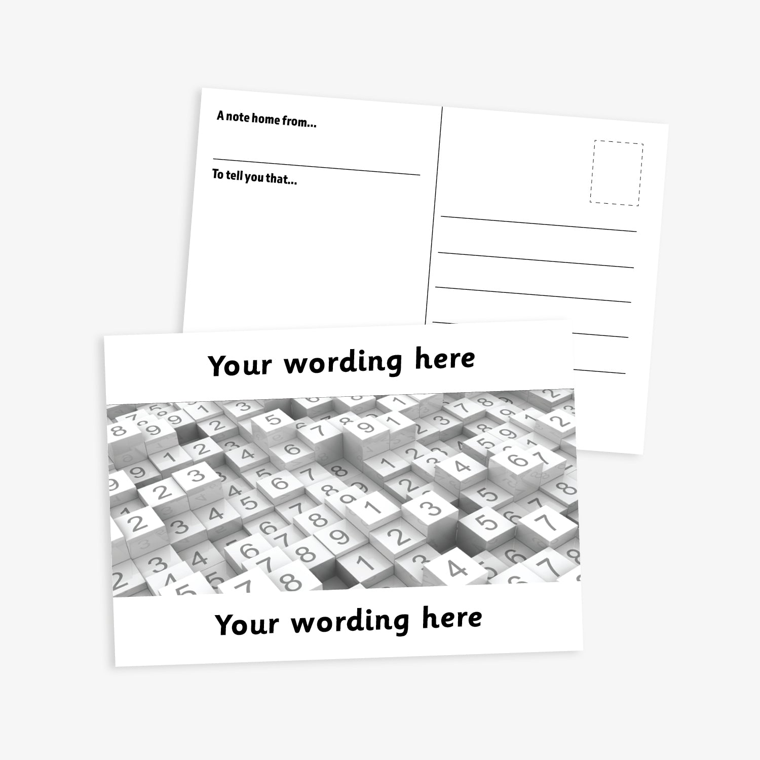 Personalised Numbers Postcard featuring a white border at the top and bottom with space for customisation of text.  The central image is stacks of tiles of numbers.  The reverse has a postcard layout with space for a message and address. The postcard measures A6 size and is designed for rewarding numeracy achievement.