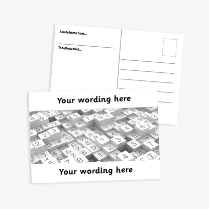 Personalised Numbers Postcard featuring a white border at the top and bottom with space for customisation of text.  The central image is stacks of tiles of numbers.  The reverse has a postcard layout with space for a message and address. The postcard measures A6 size and is designed for rewarding numeracy achievement.
