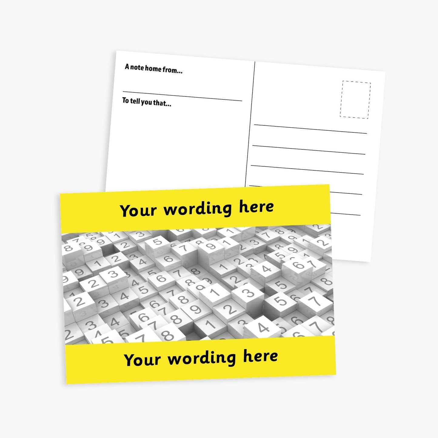 Personalised Numbers Postcard featuring a vibrant yellow border at the top and bottom with space for customisation of text.  The central image is stacks of tiles of numbers.  The reverse has a postcard layout with space for a message and address. The postcard measures A6 size and is designed for rewarding numeracy achievement.