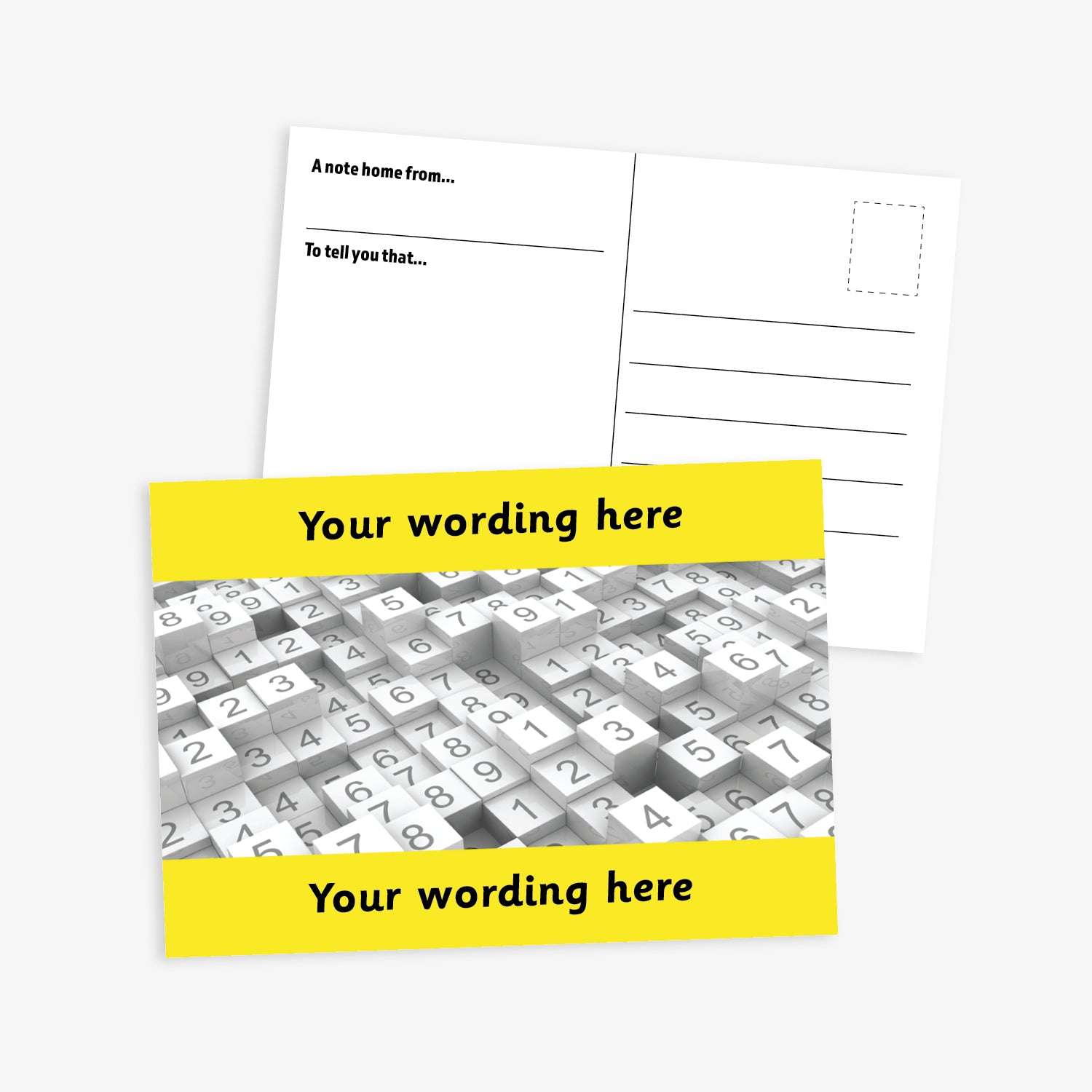 Personalised Numbers Postcard featuring a vibrant yellow border at the top and bottom with space for customisation of text.  The central image is stacks of tiles of numbers.  The reverse has a postcard layout with space for a message and address. The postcard measures A6 size and is designed for rewarding numeracy achievement.