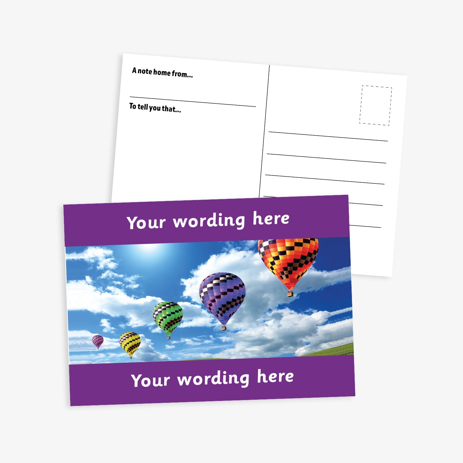 Personalised Hot Air Balloon Postcard from Primary Teaching Services, featuring a vibrant purple border framing a sky scene with multiple colourful hot air balloons floating among clouds. The front side includes the placeholder text 'Your wording here!' in bold white letters, allowing for customisation. The reverse side displays a standard postcard layout with space for a message and address. The postcard measures A6 size and is designed for rewarding pupil achievements.