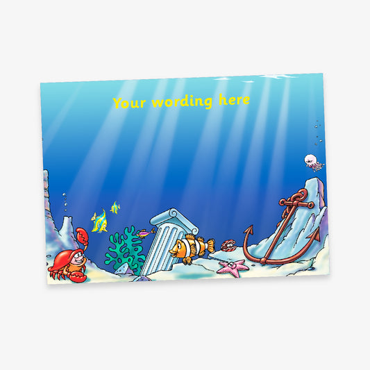 Underwater-themed sticker collector card with sea creatures, coral, anchor, and a sunken pillar, featuring space for custom wording in yellow text.