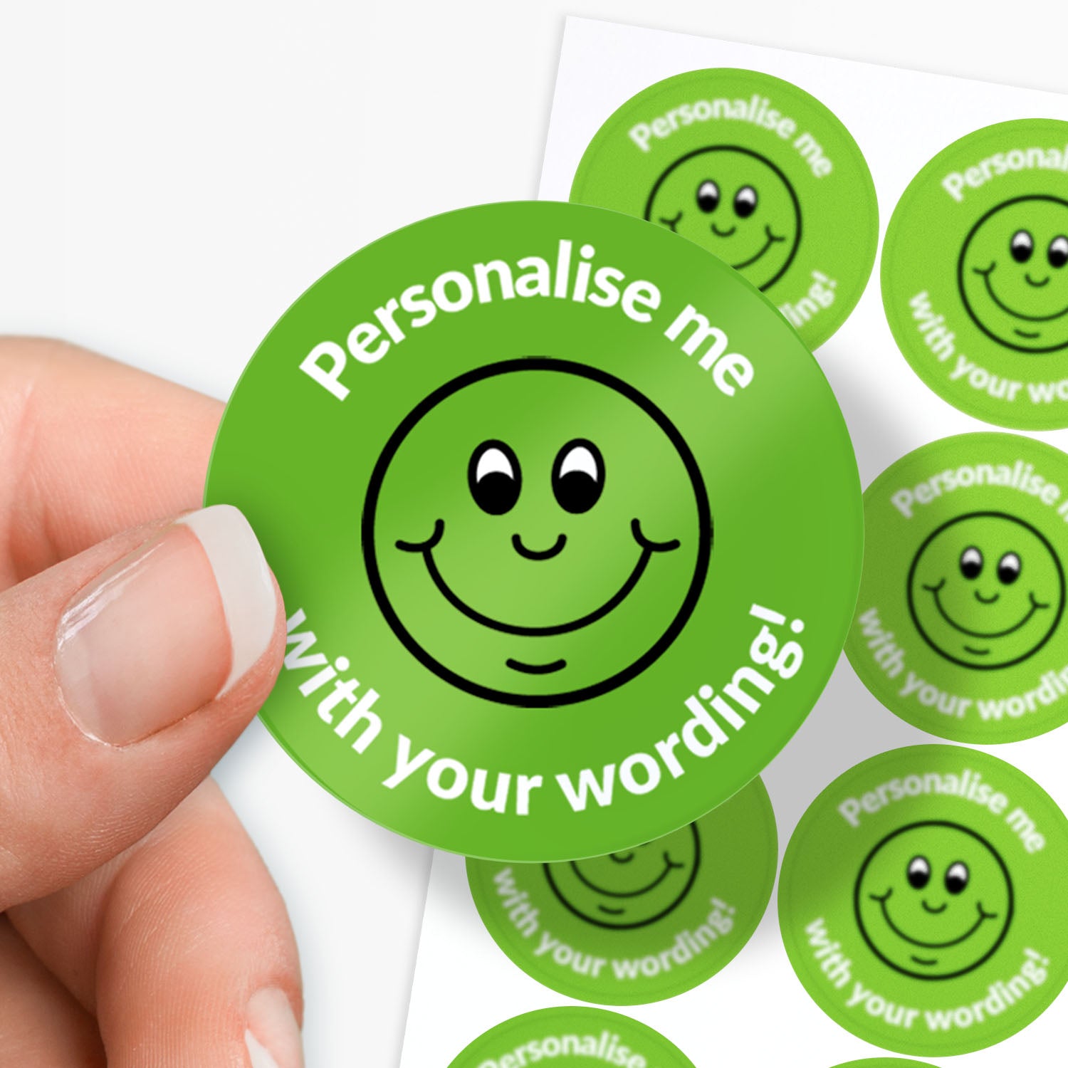 Green stickers with a smiling emoji as the central image.  Space for personalisation above and below the image.