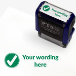A 38mm x 15mm rectangular pre-inked teacher stamper with a green tick symbol and customisable text to the right of the tick. Ideal for marking, assessment, and communication.

