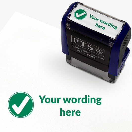 A 38mm x 15mm rectangular pre-inked teacher stamper with a green tick symbol and customisable text to the right of the tick. Ideal for marking, assessment, and communication.
