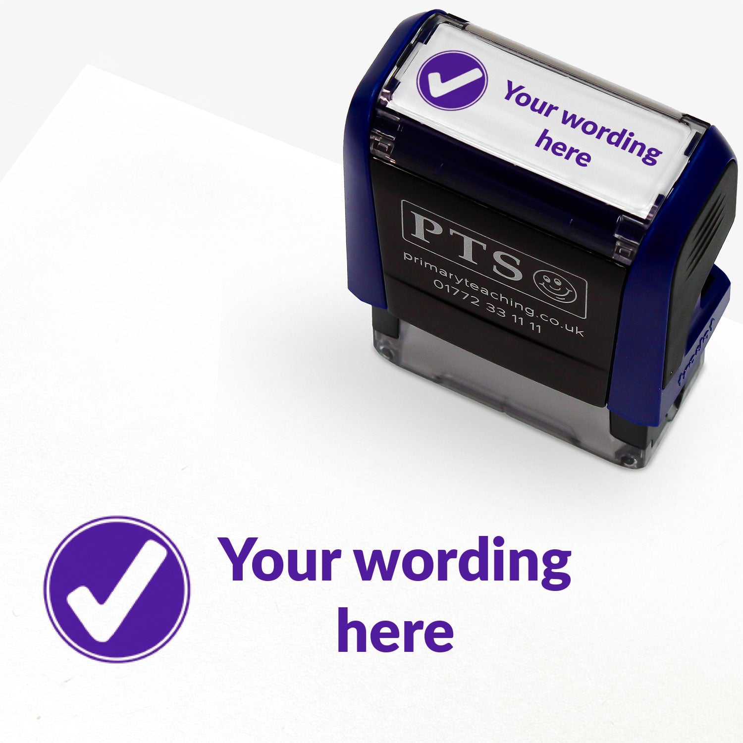 A 38mm x 15mm rectangular pre-inked teacher stamper with a purple tick symbol and customisable text to the right of the tick. Ideal for marking, assessment, and communication.
