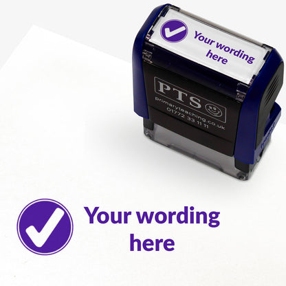 A 38mm x 15mm rectangular pre-inked teacher stamper with a purple tick symbol and customisable text to the right of the tick. Ideal for marking, assessment, and communication.
