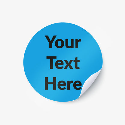 Blue circular sticker with black text saying 'Your Text Here'
