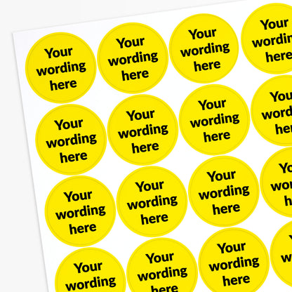 Sheet of yellow stickers with 'Your wording here' text on a white background.