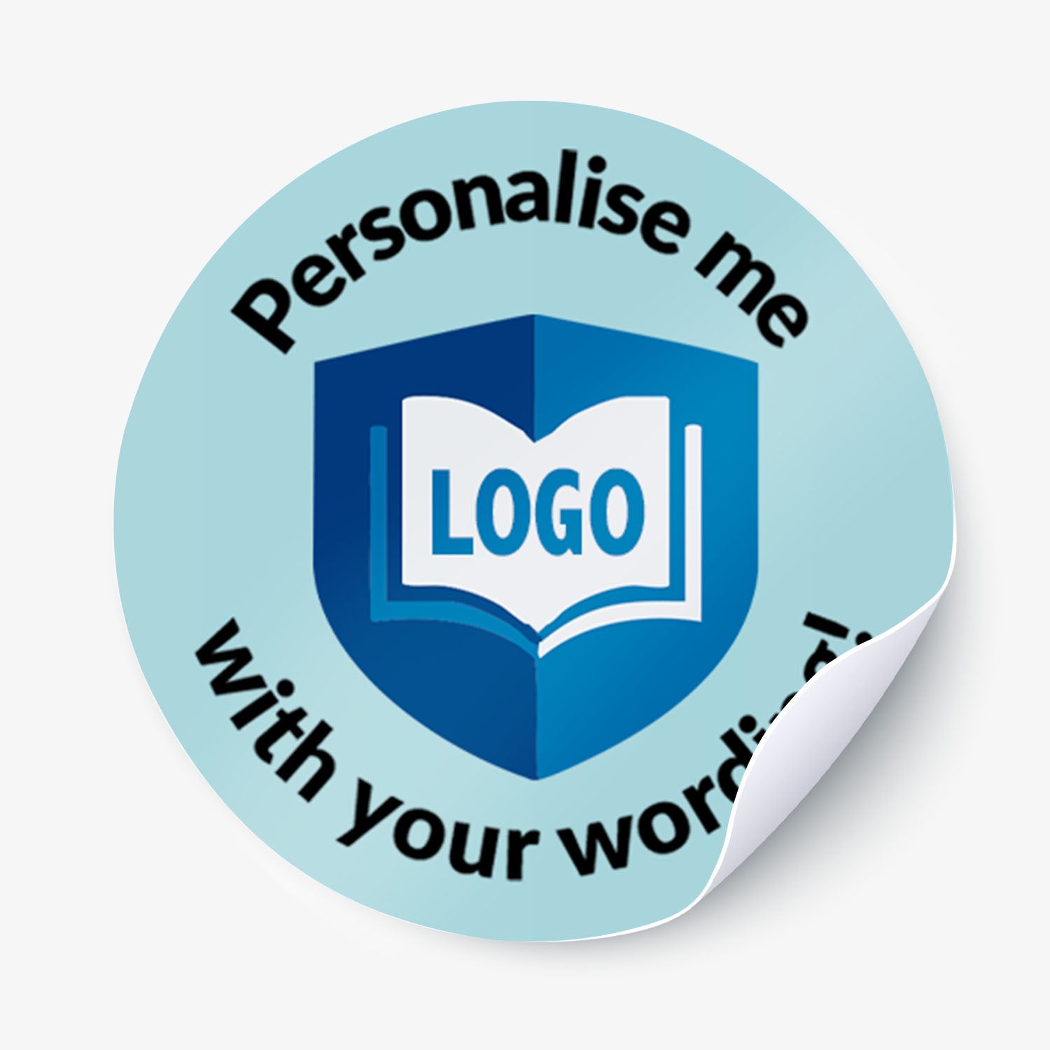 Round blue sticker with text 'Personalise me' and 'LOGO' placeholder, on a white background.