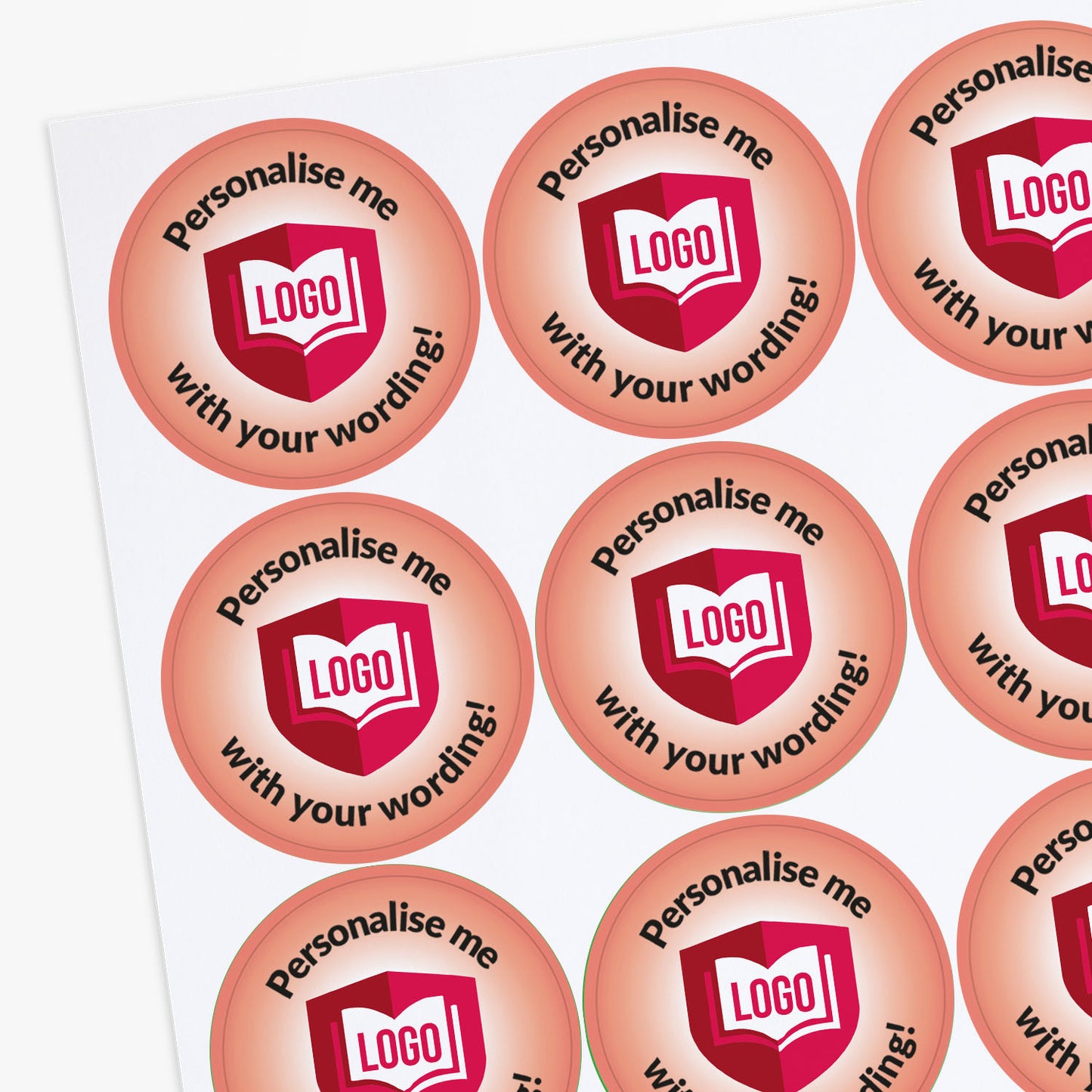 Personalised circular stickers with text 'Personalise me with your wording!' and a logo placeholder.