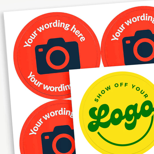 Round stickers with upload your own icon and choice of customisable text.