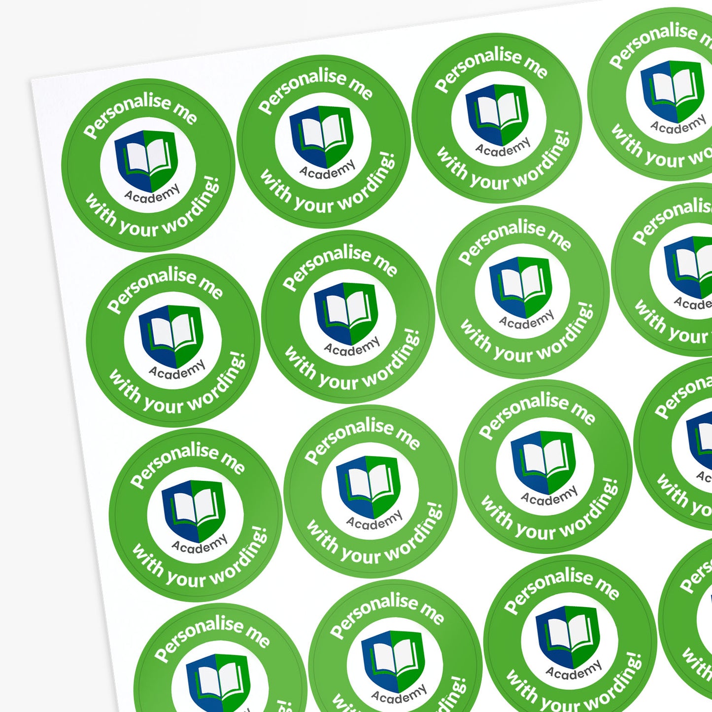 Sheet of Green stickers with 'Personalise me with your wording' text on a white background.
