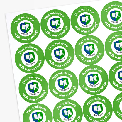 Sheet of Green stickers with 'Personalise me with your wording' text on a white background.