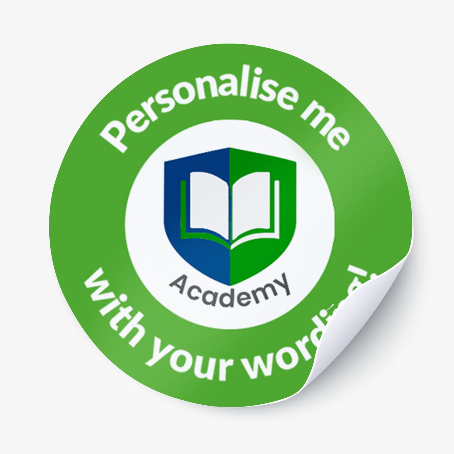 Round green sticker with 'Personalise me' text and a book icon on a white background