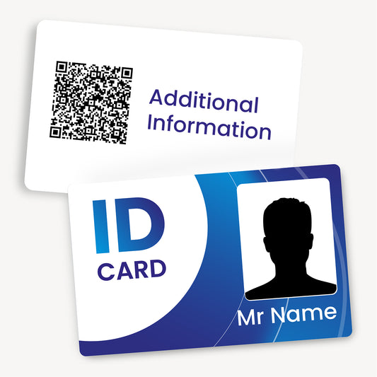 Customisable ID card measuring 86mm by 54mm, featuring a an icon that the full front of the card is an 'Upload your image'.  You also see the reverse of the card with Additional Information.
