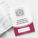 A5-sized personalised reading record books featuring space to upload a loge, personalise text and choose a colour for a curve on the cover of the book; each book contains 40 pages with sections for recording reading progress, parent/teacher comments, and book reviews; designed to support pupils' literacy development and home-school communication in educational settings