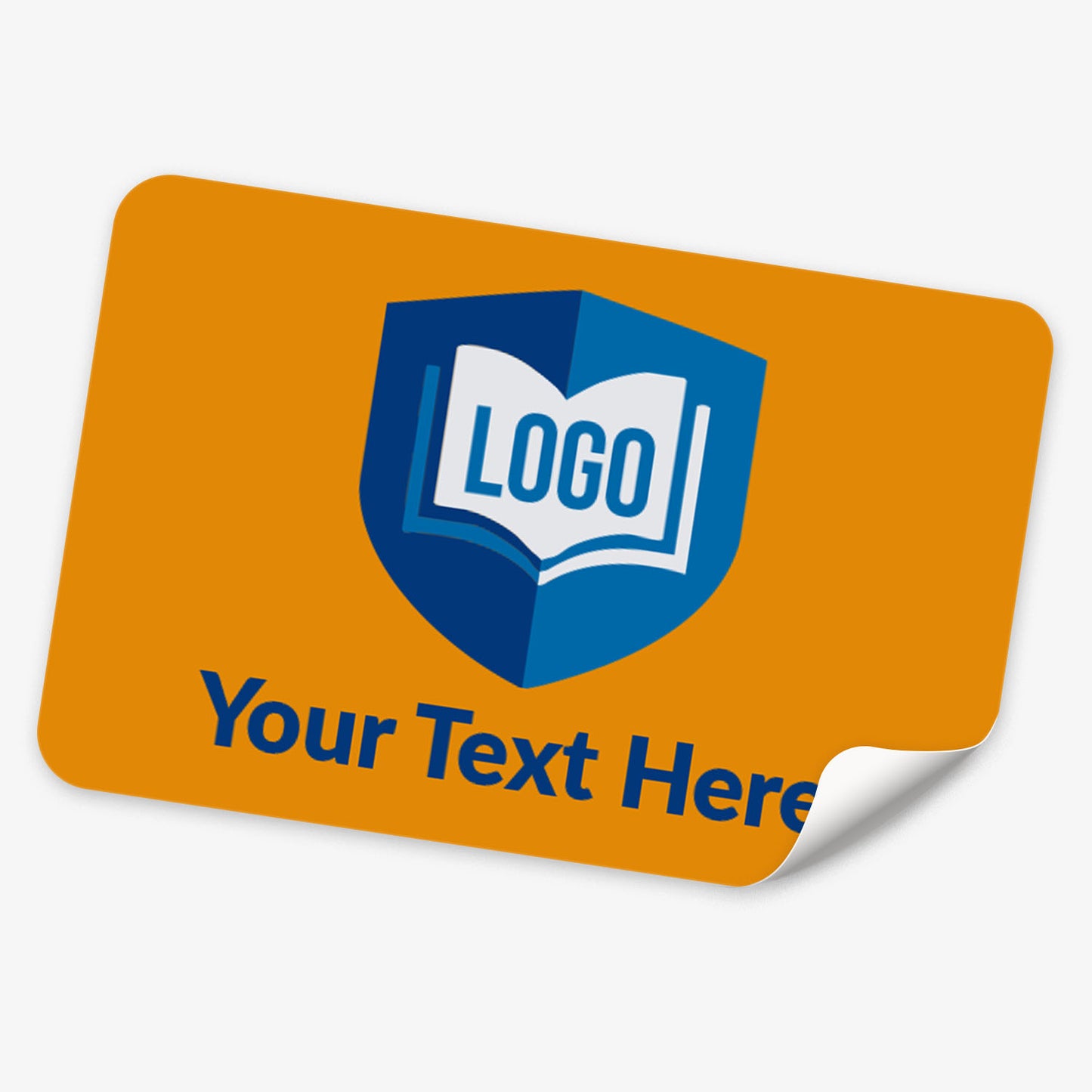 Customizable sticker with blue logo and text and an orange background.