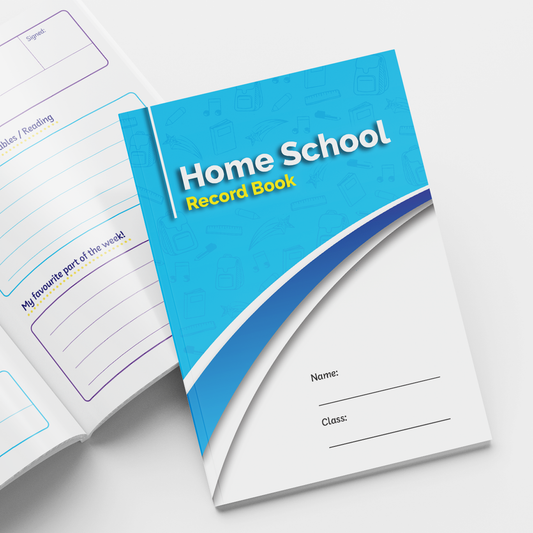 Modern 'Home School Record Book' with a professional blue and white cover featuring curved lines and subtle school-themed icons in the background. The title is in white and yellow text, and there are blank spaces for 'Name' and 'Class'. The open page beside it shows lined sections for reading material and favourite part of the week.