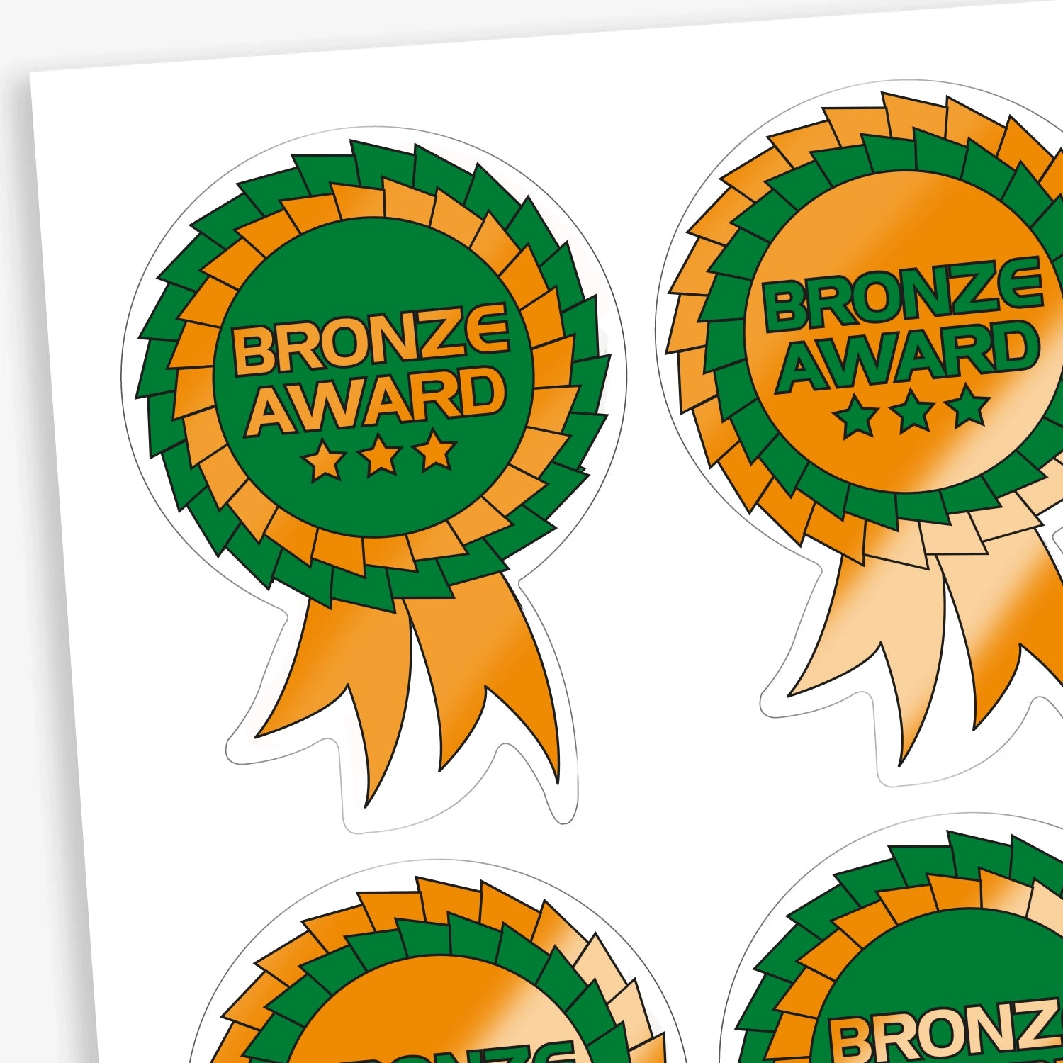Sheet of dual colour bronze and green rosette reward stickers.  The centre of the rosette is either bronze with green text, or green with bronze text with a large 'Bronze Award' central to the design with 3 metallic stars below the text.