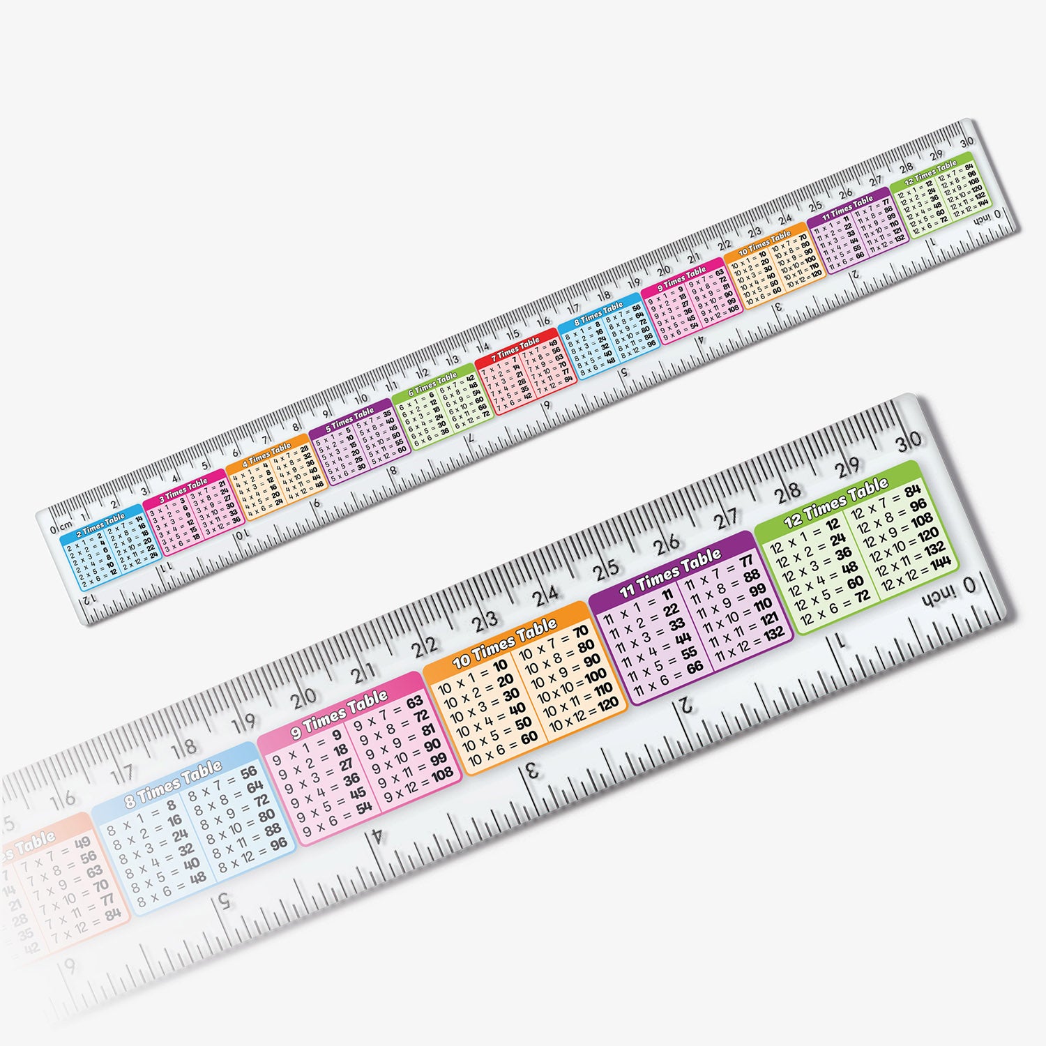 30cm rulers with colourful multiplication tables on a clear background.
