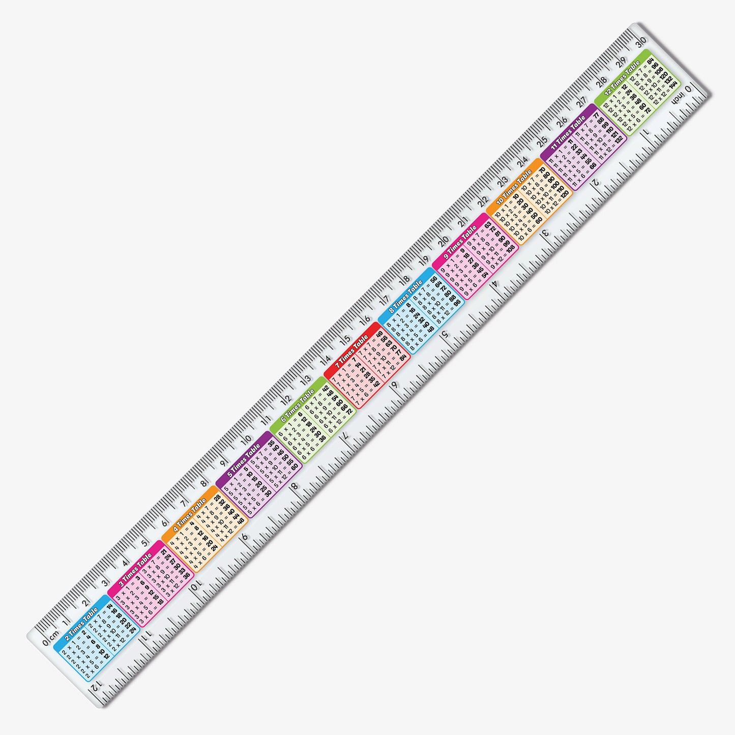 Colourful 30cm ruler showing times tables from 2 to 12 on a clear background.