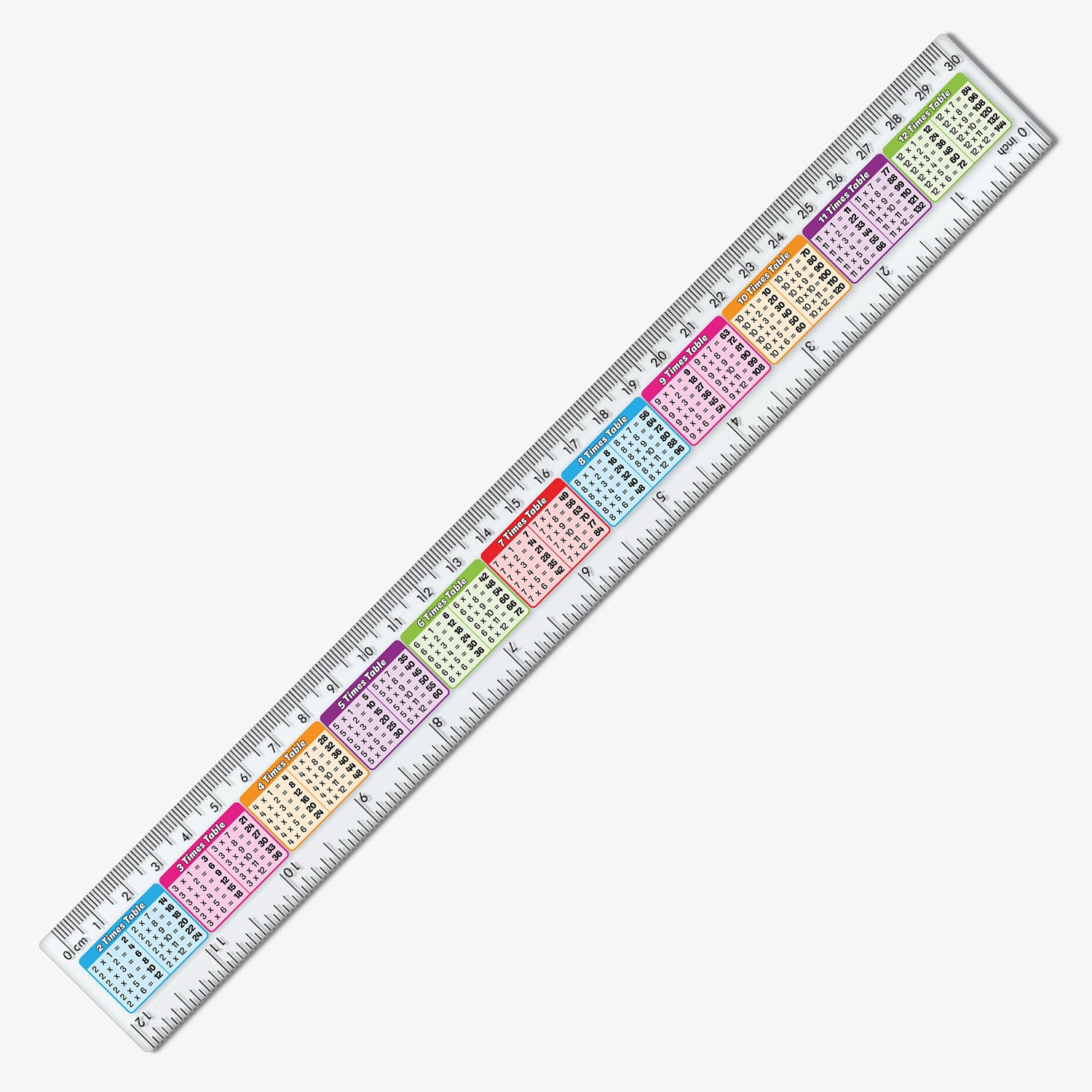 Colourful 30cm ruler showing times tables from 2 to 12 on a clear background.