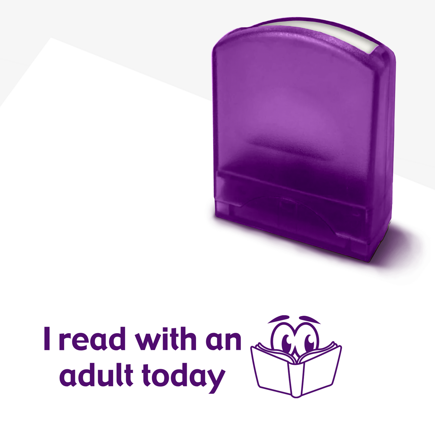 Purple teacher stamp with text 'I read with an adult today'.