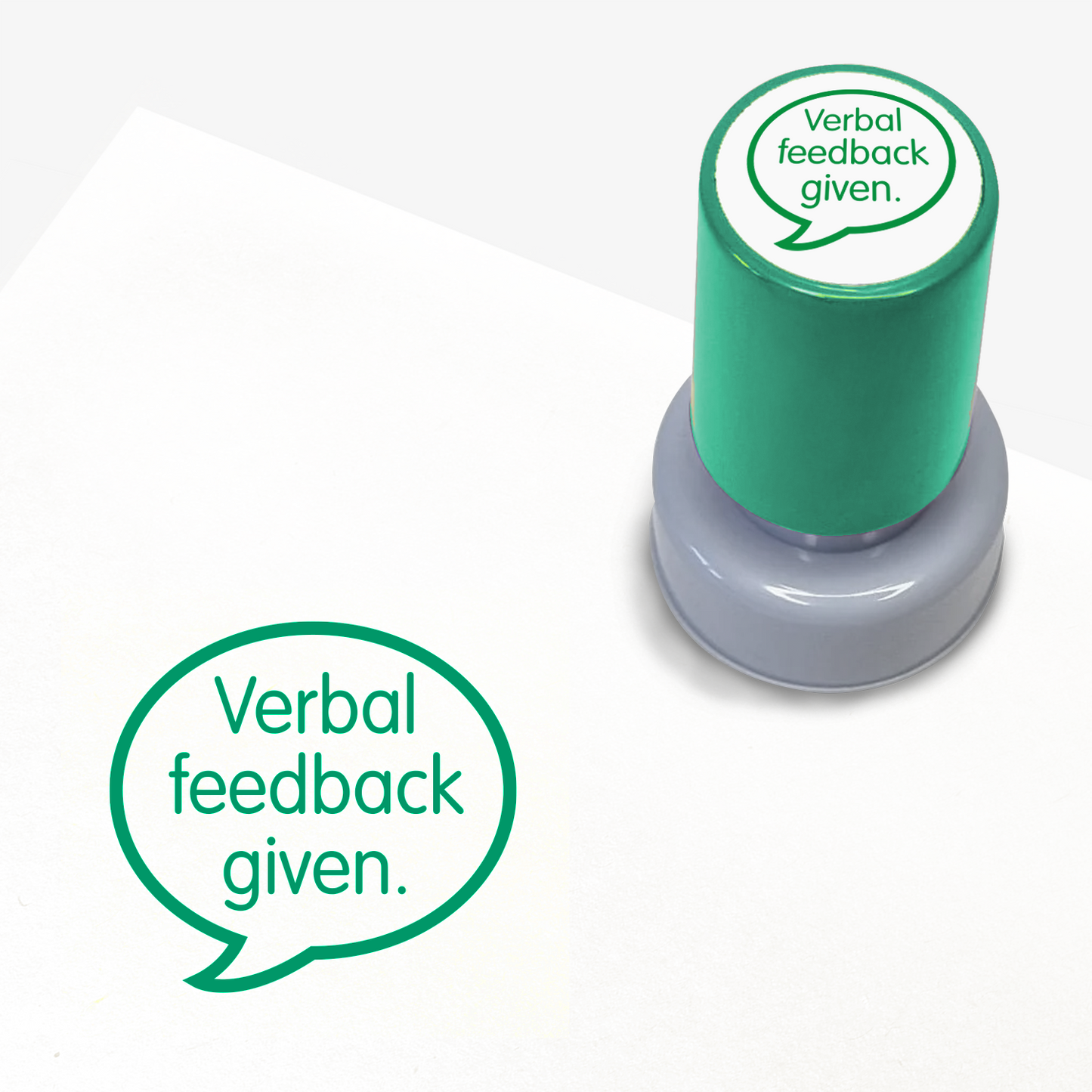 Green teacher stamp with 'Verbal feedback given.' text.