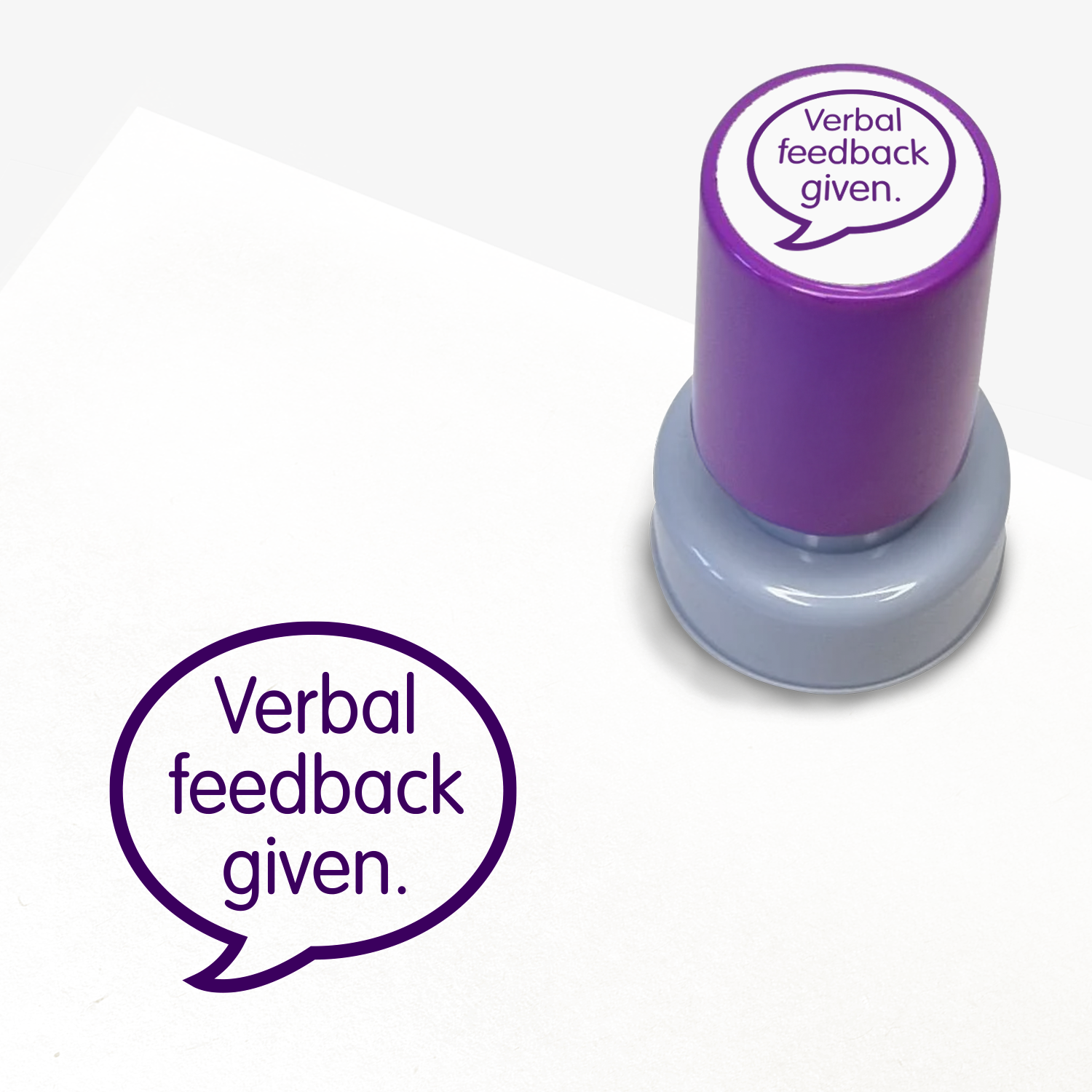 Purple teacher stamp with 'Verbal feedback given.' text.