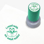 Green ink teacher stamper with 'I read with an adult today' text.