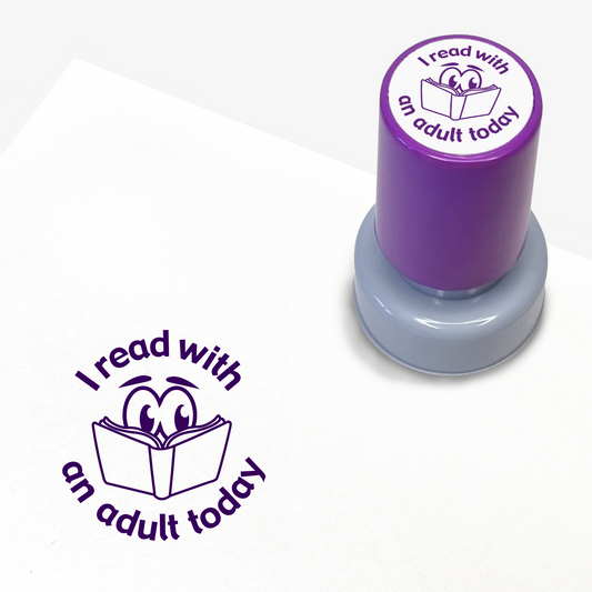 Purple ink teacher stamper with 'I read with an adult today' text.