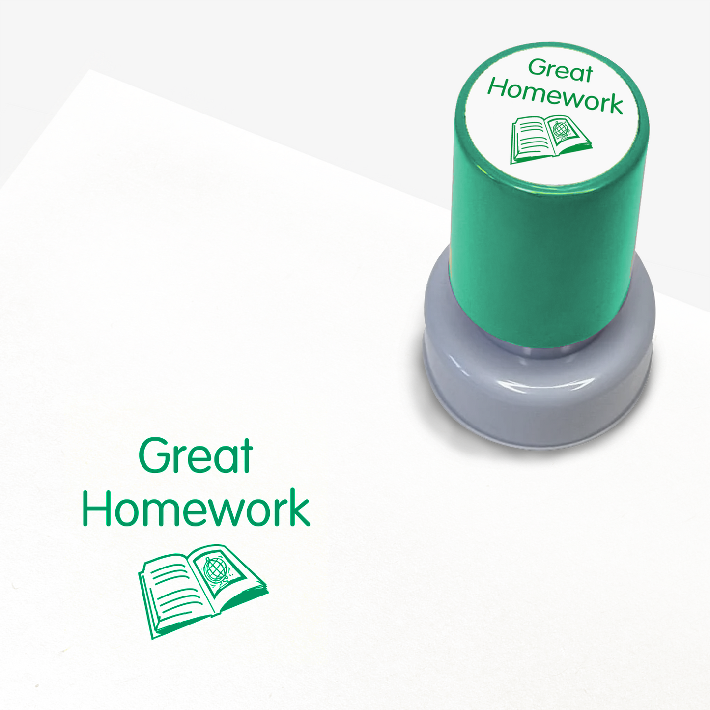 Green teacher stamp with 'Great Homework' text.