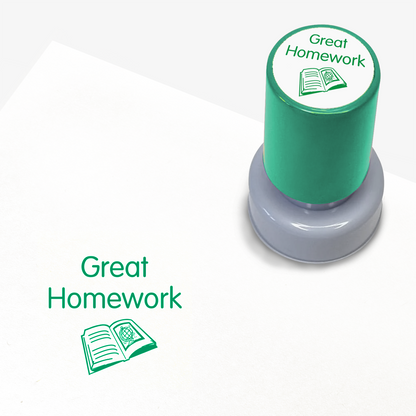 Green teacher stamp with 'Great Homework' text.