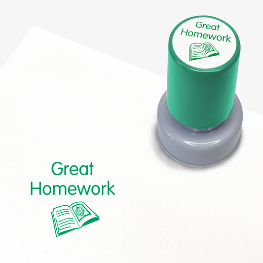 Green teacher stamp with 'Great Homework' text.