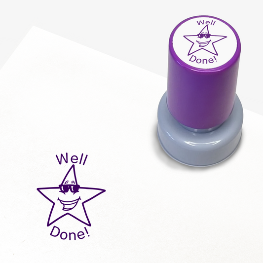Purple teacher stamp with 'Well Done!' text and smiley star design.