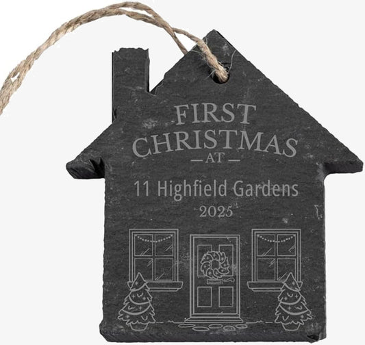 Personalised Christmas 'First Christmas at' House Slate Bauble - 65mm x 75mm