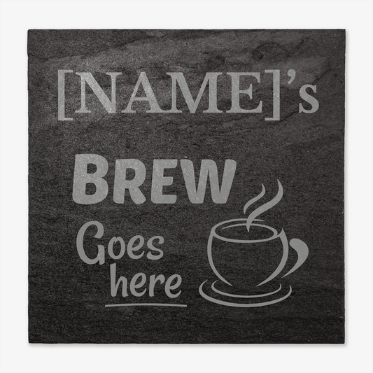 Personalised slate coaster with a coffee cup design and text placeholder against a light background.