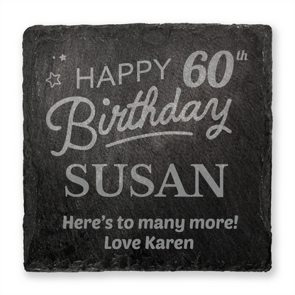 Slate coaster with engraved birthday message for Susan on a white background
