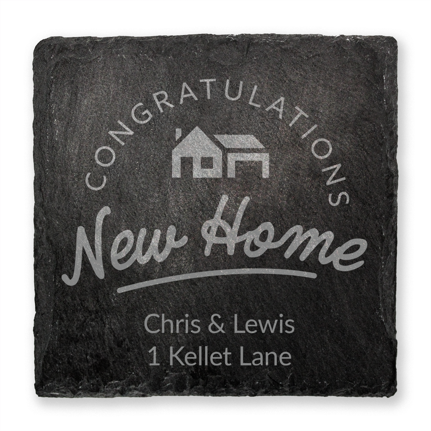 Slate coaster with 'Congratulations New Home' engraving and house icon.