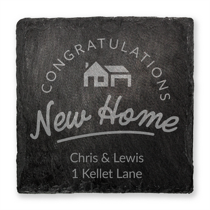Slate coaster with 'Congratulations New Home' engraving and house icon.