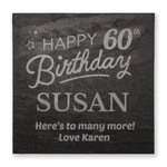 Personalised birthday slate with engraved text on a white background