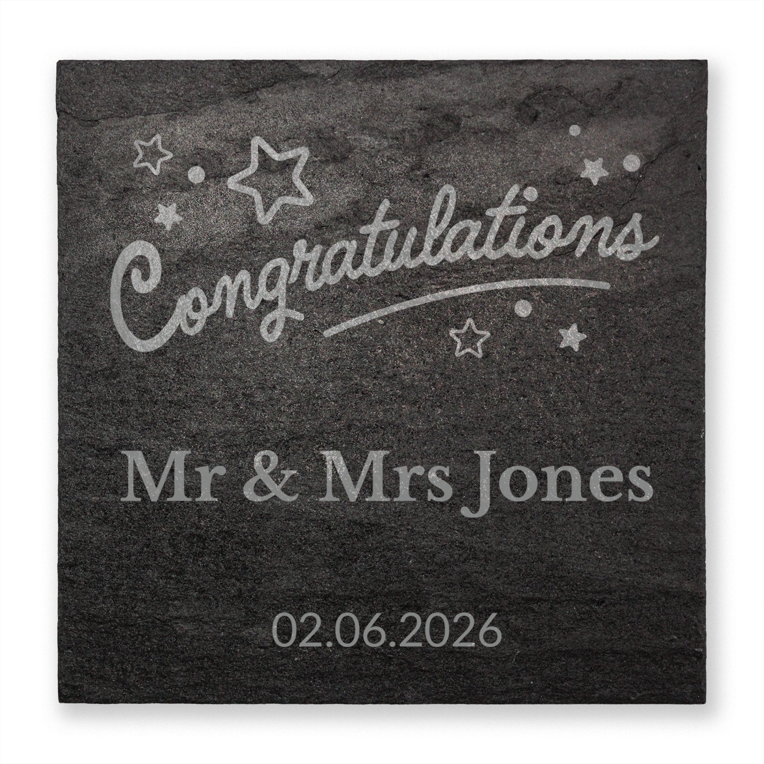 Personalised slate with 'Congratulations Mr & Mrs Jones' and date on a dark background