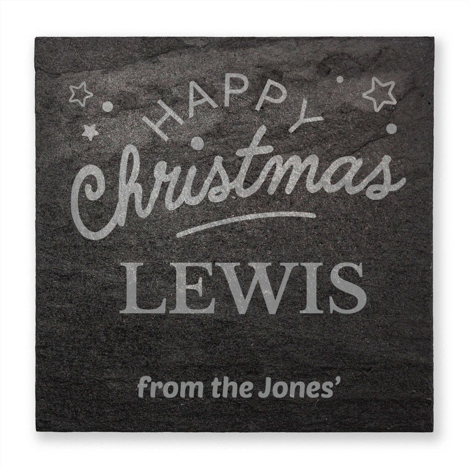 Black slate with 'Happy Christmas LEWIS from the Jones' text